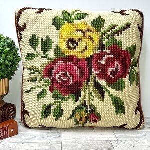 Vintage Rose Needlepoint 14x14 Throw Pillow